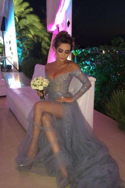 Grey Lace Long Sleeves Off-the-Shoulder Split Long Prom Dresses Evening Gowns 3020235