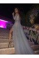 Grey Lace Long Sleeves Off-the-Shoulder Split Long Prom Dresses Evening Gowns 3020235