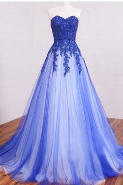 A-Line Sweetheart Lace Appliques Long Blue White Prom Dresses Evening Gowns 3020236