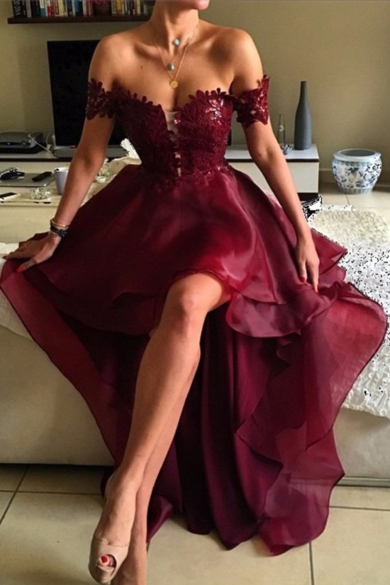 High Low Burgundy Off-the-Shoulder Lace Prom Dresses Party Evening Gowns 3020243