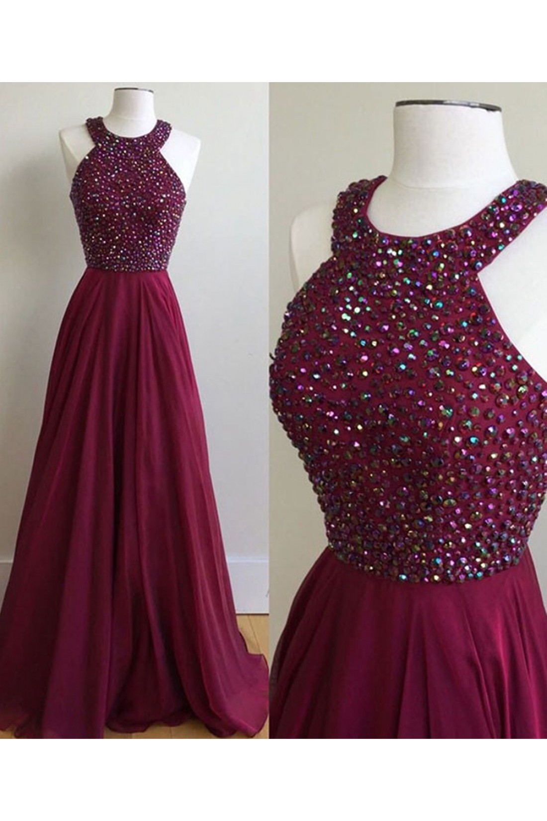 ALine Burgundy Beaded Chiffon Prom Dresses Party Evening Gowns 3020244