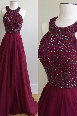 A-Line Burgundy Beaded Chiffon Prom Dresses Party Evening Gowns 3020244