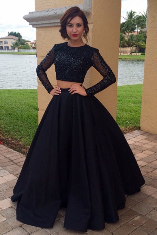 Long Sleeves Two Pieces Black Prom Dresses Party Evening Gowns 3020246