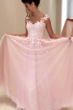 A-Line Long Pink Lace Prom Dresses Party Evening Gowns 3020248