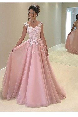 A-Line Long Pink Lace Prom Dresses Party Evening Gowns 3020248