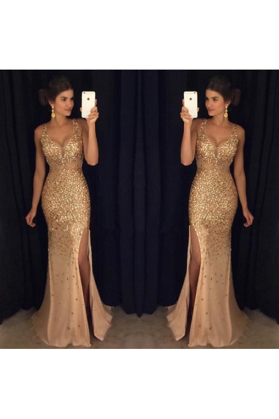 Mermaid  V-Neck Gold Sequins Beads Long Prom Dresses Party Evening Gowns 3020249