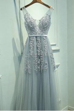 A-Line V-Neck Lace Appliques Tulle Prom Dresses Party Evening Gowns 3020251