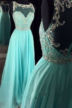 Beaded Illusion Neckline Long Blue Prom Dresses Party Evening Gowns 3020255