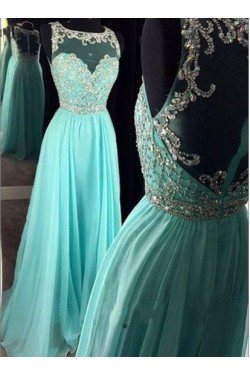 Beaded Illusion Neckline Long Blue Prom Dresses Party Evening Gowns 3020255