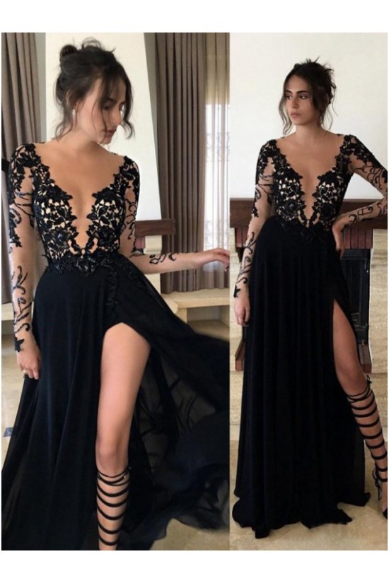 Long Black Lace Chiffon Prom Dresses Party Evening Gowns 3020257