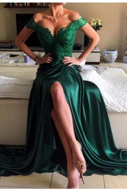 Long Green Off-the-Shoulder Lace Prom Dresses Party Evening Gowns 3020261