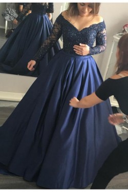 Long Sleeve Navy Off-the-Shoulder Lace Prom Dresses Party Evening Gowns 3020263