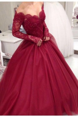 Long Sleeve Burgundy Off-the-Shoulder Lace Prom Dresses Party Evening Gowns 3020264