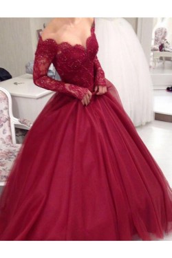 Long Sleeve Burgundy Off-the-Shoulder Lace Prom Dresses Party Evening Gowns 3020264