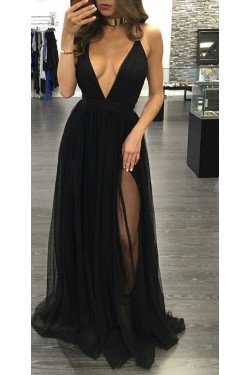 Sexy Long Black V-Neck Prom Dresses Party Evening Gowns 3020267