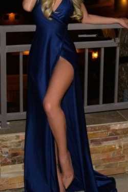 Sexy Long Blue V-Neck Prom Dresses Party Evening Gowns 3020268