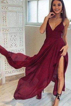 Sexy V-Neck Burgundy Chiffon Long Prom Dresses Party Evening Gowns 3020273