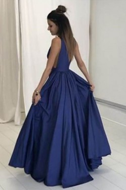 Long Blue Low V-Neck Prom Dresses Party Evening Gowns 3020274