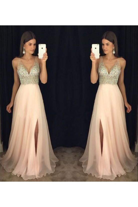 A-Line V-Neck Beaded Sequins Long Chiffon Prom Dresses Party Evening Gowns 3020276