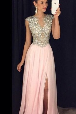 Beaded Long Pink Chiffon Prom Dresses Party Evening Gowns 3020277