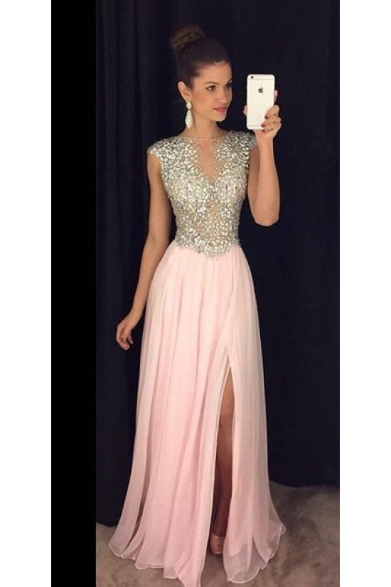 Beaded Long Pink Chiffon Prom Dresses Party Evening Gowns 3020277