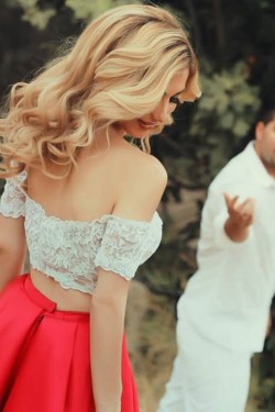 Two Pieces Off-the-Shoulder Lace Satin Prom Dresses Party Evening Gowns 3020279