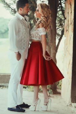 Two Pieces Off-the-Shoulder Lace Satin Prom Dresses Party Evening Gowns 3020279