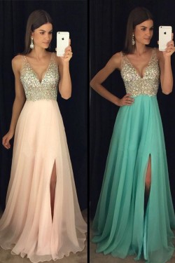 A-Line Beaded Sequins V-Neck Long Chiffon Prom Dresses Party Evening Gowns 3020280
