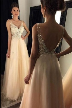 A-Line V-Neck Lace Tulle Long Prom Dresses Party Evening Gowns 3020281