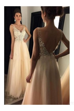 A-Line V-Neck Lace Tulle Long Prom Dresses Party Evening Gowns 3020281