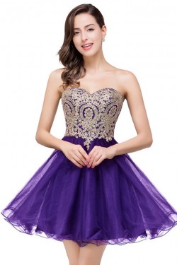 A-Line Sweetheart Gold Lace Appliques Short Prom Dresses Party Evening Gowns 3020284