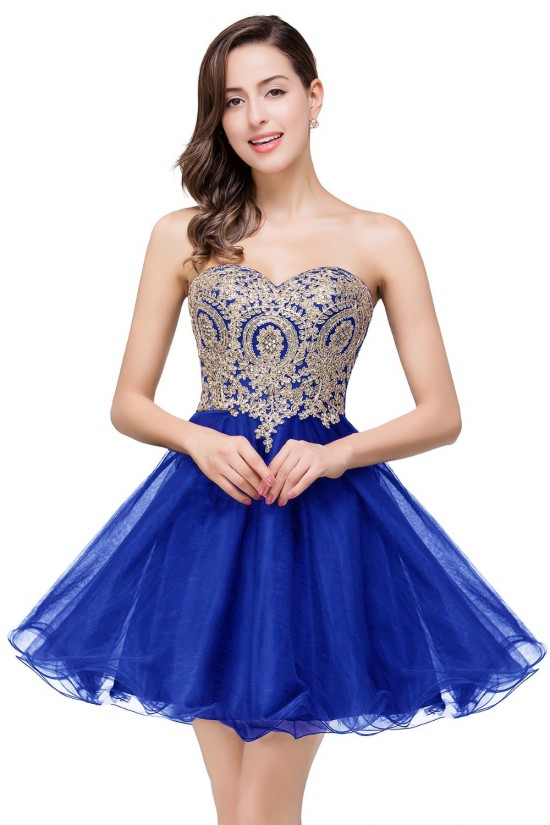 A-Line Sweetheart Gold Lace Appliques Short Prom Dresses Party Evening Gowns 3020284