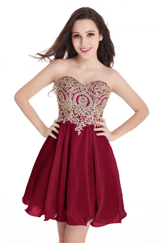 A-Line Sweetheart Gold Lace Appliques Short Purple Prom Dresses Party Evening Gowns 3020285