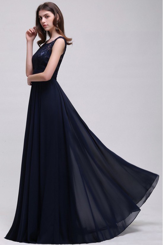 A-Line Lace Chiffon Long Navy Prom Dresses Party Evening Gowns 3020288