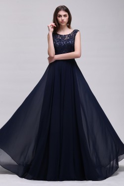 A-Line Lace Chiffon Long Navy Prom Dresses Party Evening Gowns 3020288