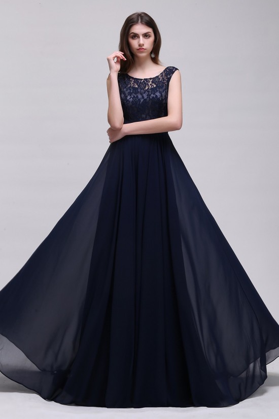 A-Line Lace Chiffon Long Navy Prom Dresses Party Evening Gowns 3020288