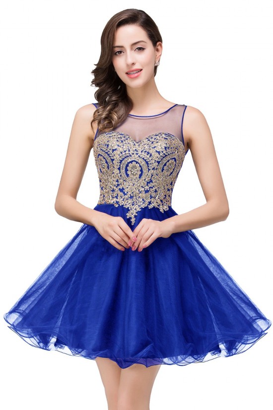 A-Line Illusion Neckline Gold Lace Appliques Short Prom Dresses Party Evening Gowns 3020290