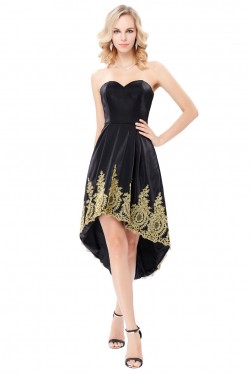 High Low Sweetheart Short Black Gold Lace Appliques Prom Dresses Party Evening Gowns 3020291
