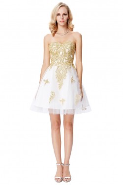 Short White Gold Lace Appliques Prom Dresses Party Evening Gowns 3020292