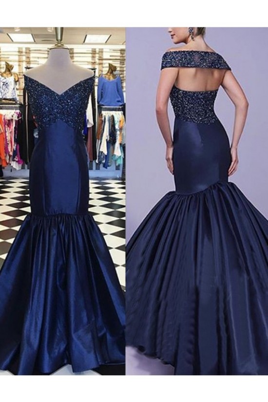 Mermaid Off-the-Shoulder V-Neck Long Blue Prom Dresses Party Evening Gowns 3020304
