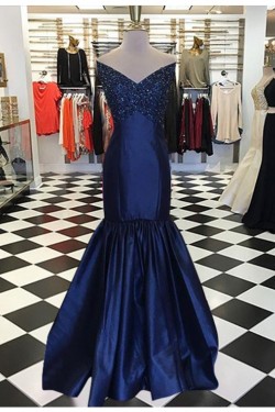 Mermaid Off-the-Shoulder V-Neck Long Blue Prom Dresses Party Evening Gowns 3020304
