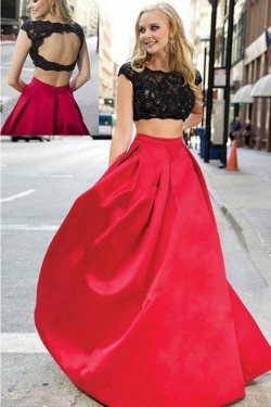 Two Pieces Black Lace Red Prom Dresses Party Evening Gowns 3020305