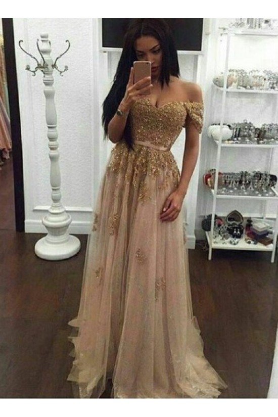Lace Appliques and Tulle Off-the-Shoulder Long Prom Dresses Party Evening Gowns 3020306