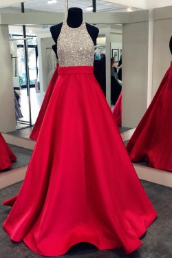 A-Line Halter Sequins and Satin Long Red Prom Dresses Party Evening Gowns 3020309