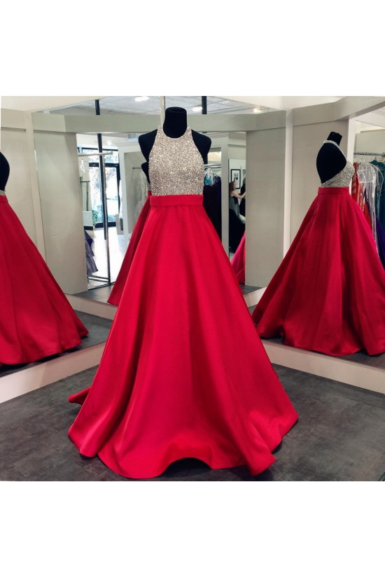 A-Line Halter Sequins and Satin Long Red Prom Dresses Party Evening Gowns 3020309