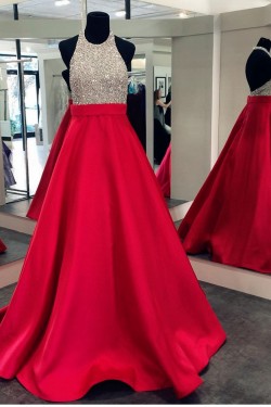 A-Line Halter Sequins and Satin Long Red Prom Dresses Party Evening Gowns 3020309
