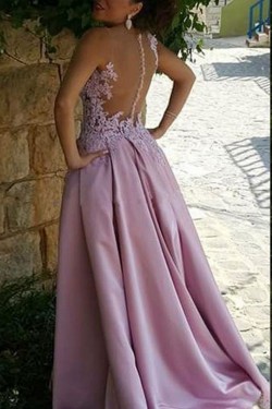 A-Line Illusion Neckline Lace and Satin Long Prom Dresses Party Evening Gowns 3020310