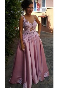 A-Line Illusion Neckline Lace and Satin Long Prom Dresses Party Evening Gowns 3020310