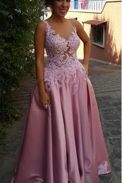 A-Line Illusion Neckline Lace and Satin Long Prom Dresses Party Evening Gowns 3020310
