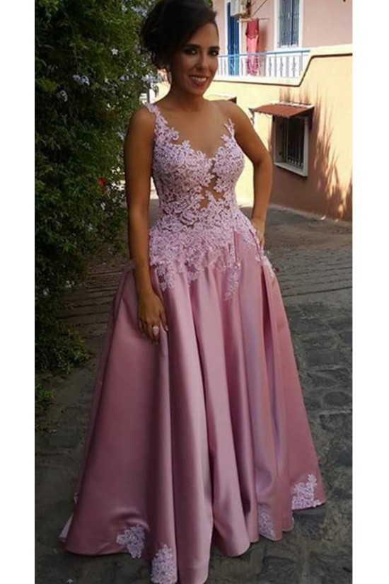 A-Line Illusion Neckline Lace and Satin Long Prom Dresses Party Evening Gowns 3020310